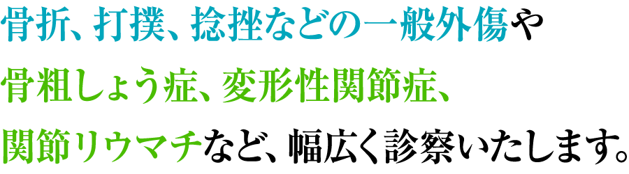 骨折、打撲、捻挫などの一般外傷や骨粗しょう症、変形性関節症、関節リウマチなど、幅広く診察いたします。